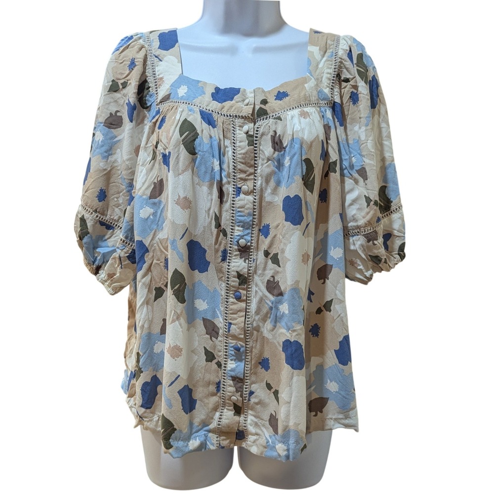 Caffe Marrakesh Floral Button Front Blouse Blue Tan Boho Cottagecore Top Medium